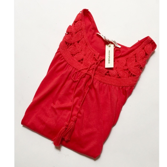 NWT $80 Max Studio Red Folk Peasant Top XS Sleeveless Tassel Crochet Jersey - Picture 10 of 10